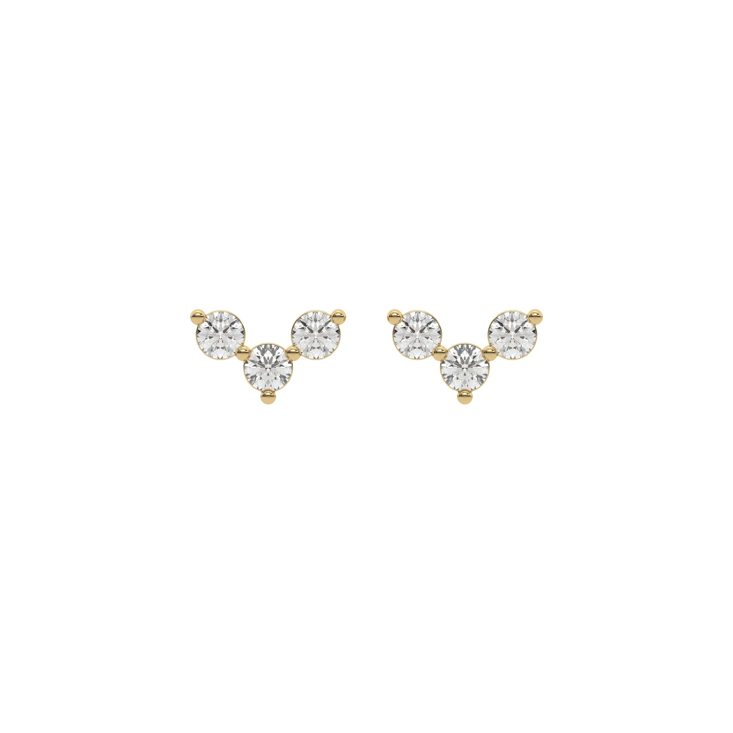 18k Yellow gold round cut diamond trio stud earrings set in prong setting.