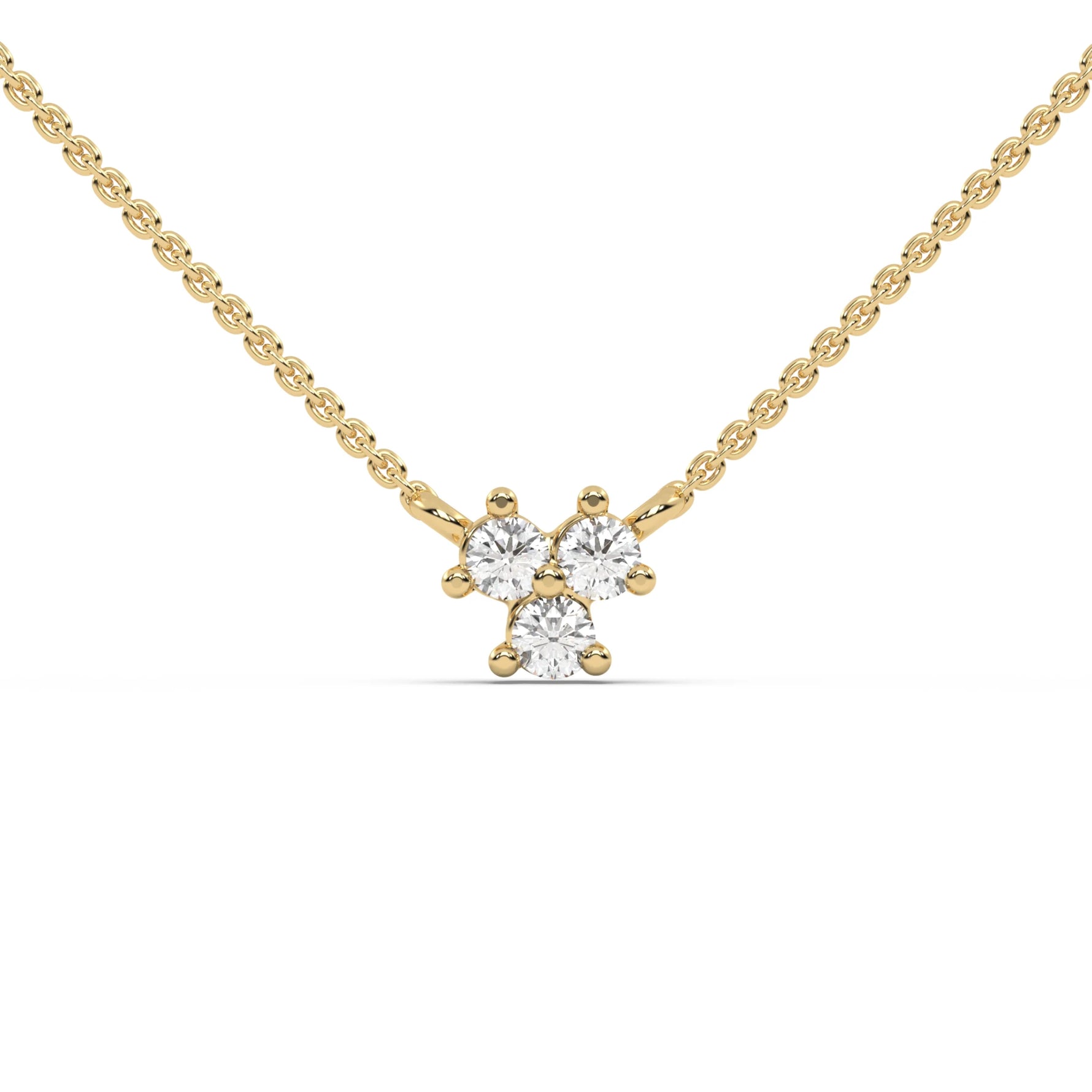 This yellow gold necklace is made with three round diamonds arranged in a triangular shape and securely set in prongs in top view