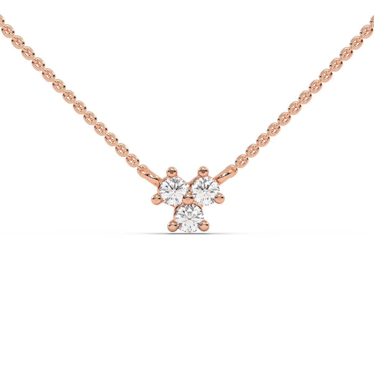 This rose gold necklace is made with three round diamonds arranged in a triangular shape and securely set in prongs in top view