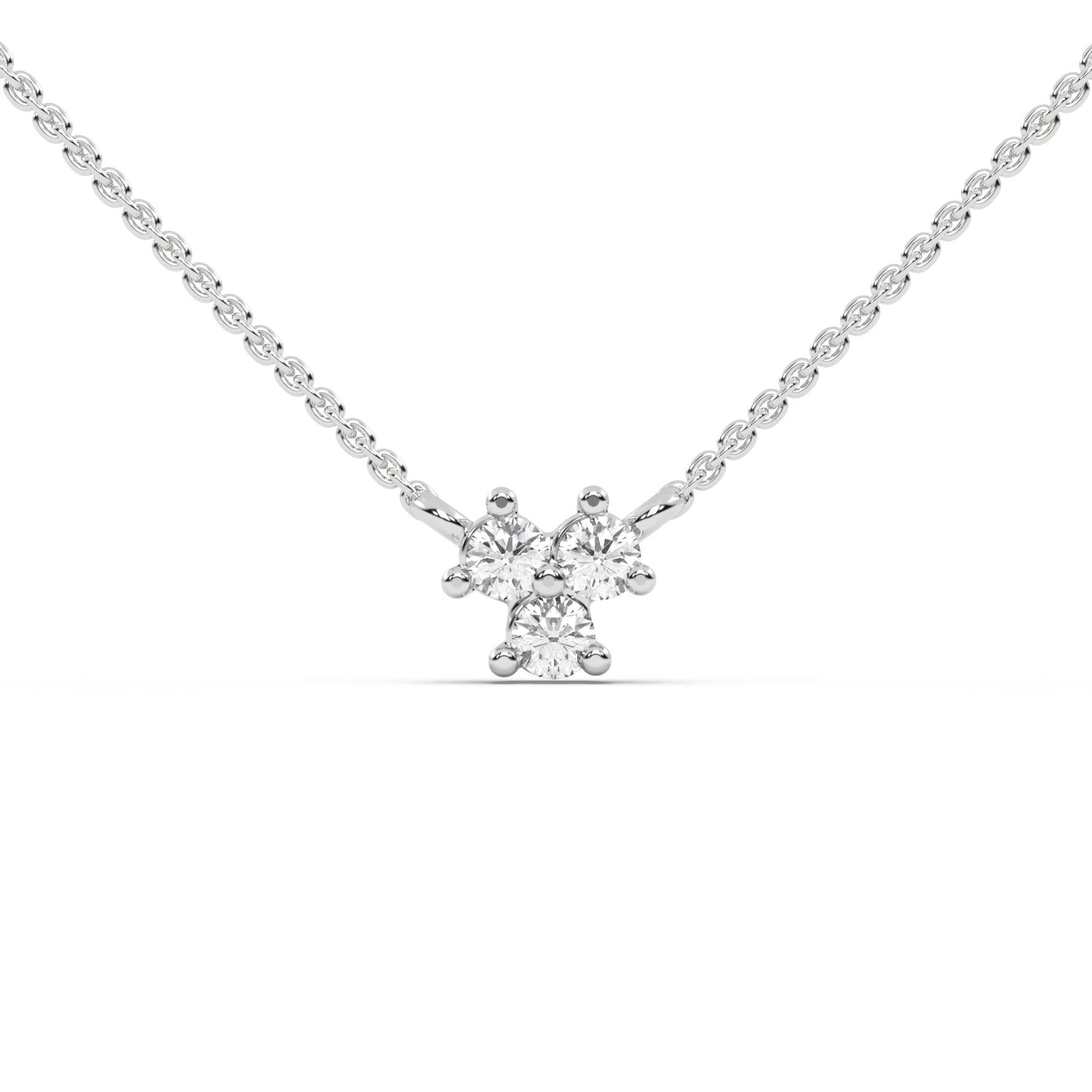 This white gold necklace is made with three round diamonds arranged in a triangular shape and securely set in prongs in top view