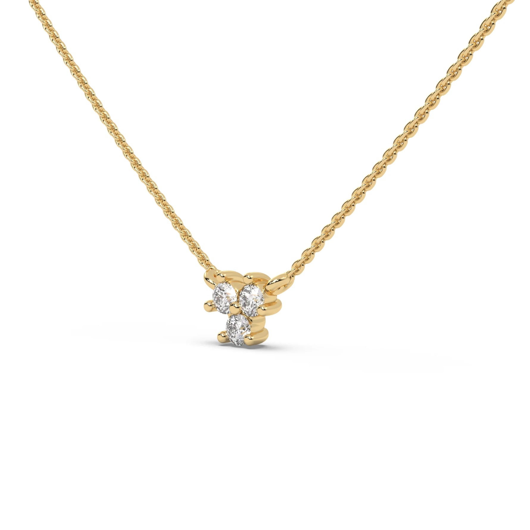 This yellow gold necklace is made with three round diamonds arranged in a triangular shape and securely set in prongs in side view