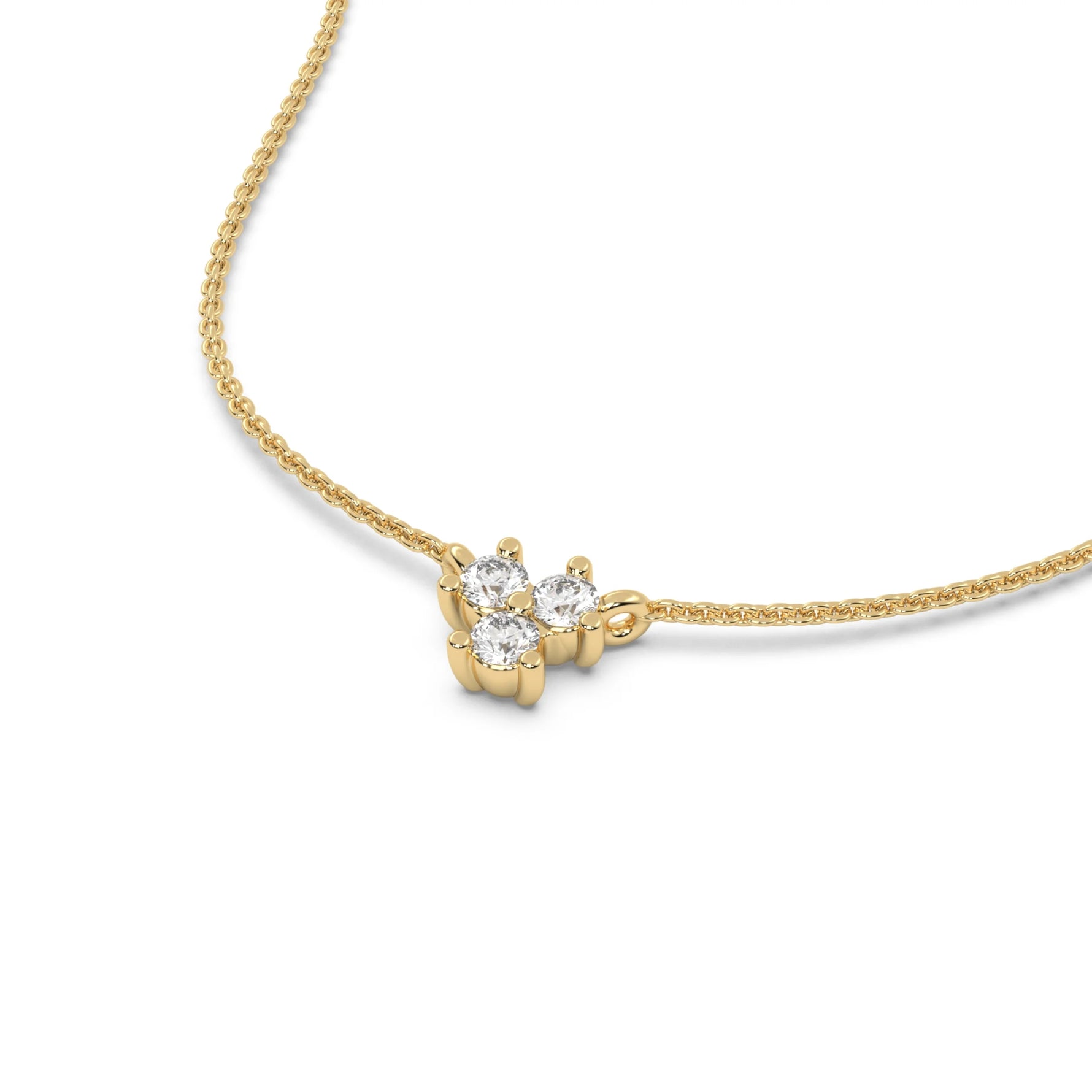 This yellow gold necklace is made with three round diamonds arranged in a triangular shape and securely set in prongs in 3D view