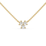 This yellow gold necklace is made with three round diamonds arranged in a triangular shape and securely set in prongs in top view