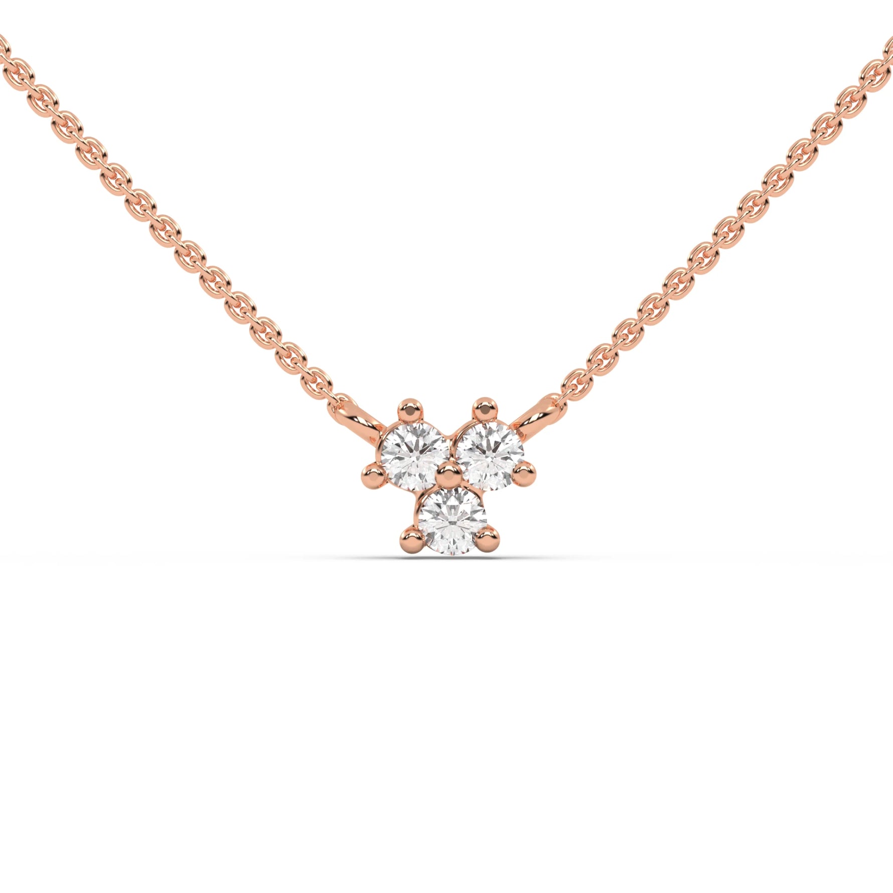 This rose gold necklace is made with three round diamonds arranged in a triangular shape and securely set in prongs in top view