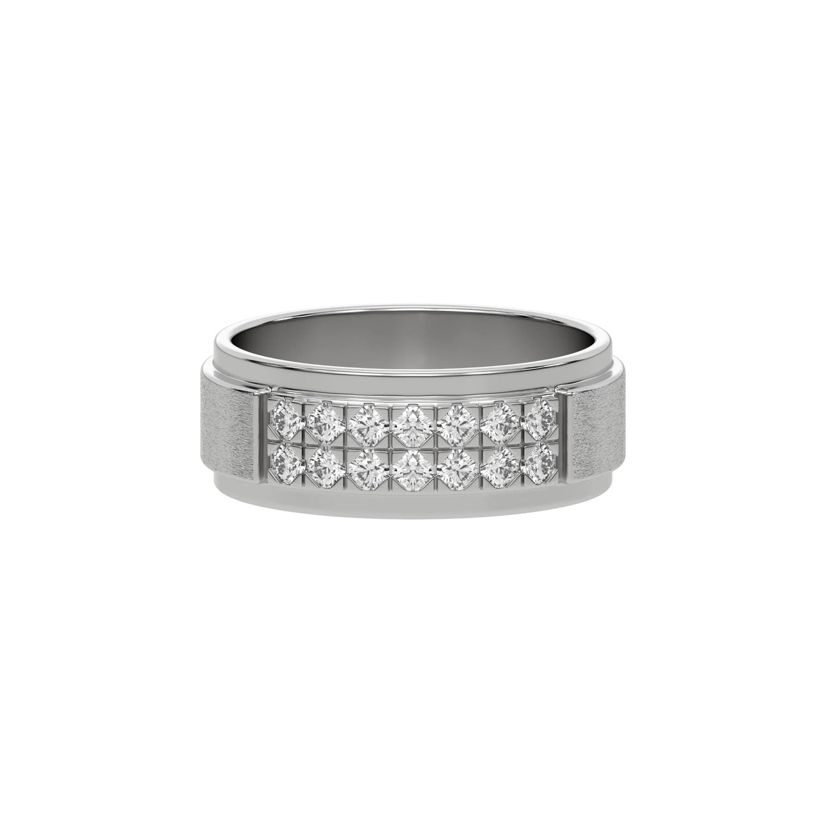 This white gold two-row diamond wedding ring, featuring a two-tone diamond band adorned with round brilliant-cut diamonds elegantly set in a shared prong setting in top view