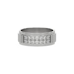 This white gold two-row diamond wedding ring, featuring a two-tone diamond band adorned with round brilliant-cut diamonds elegantly set in a shared prong setting in top view