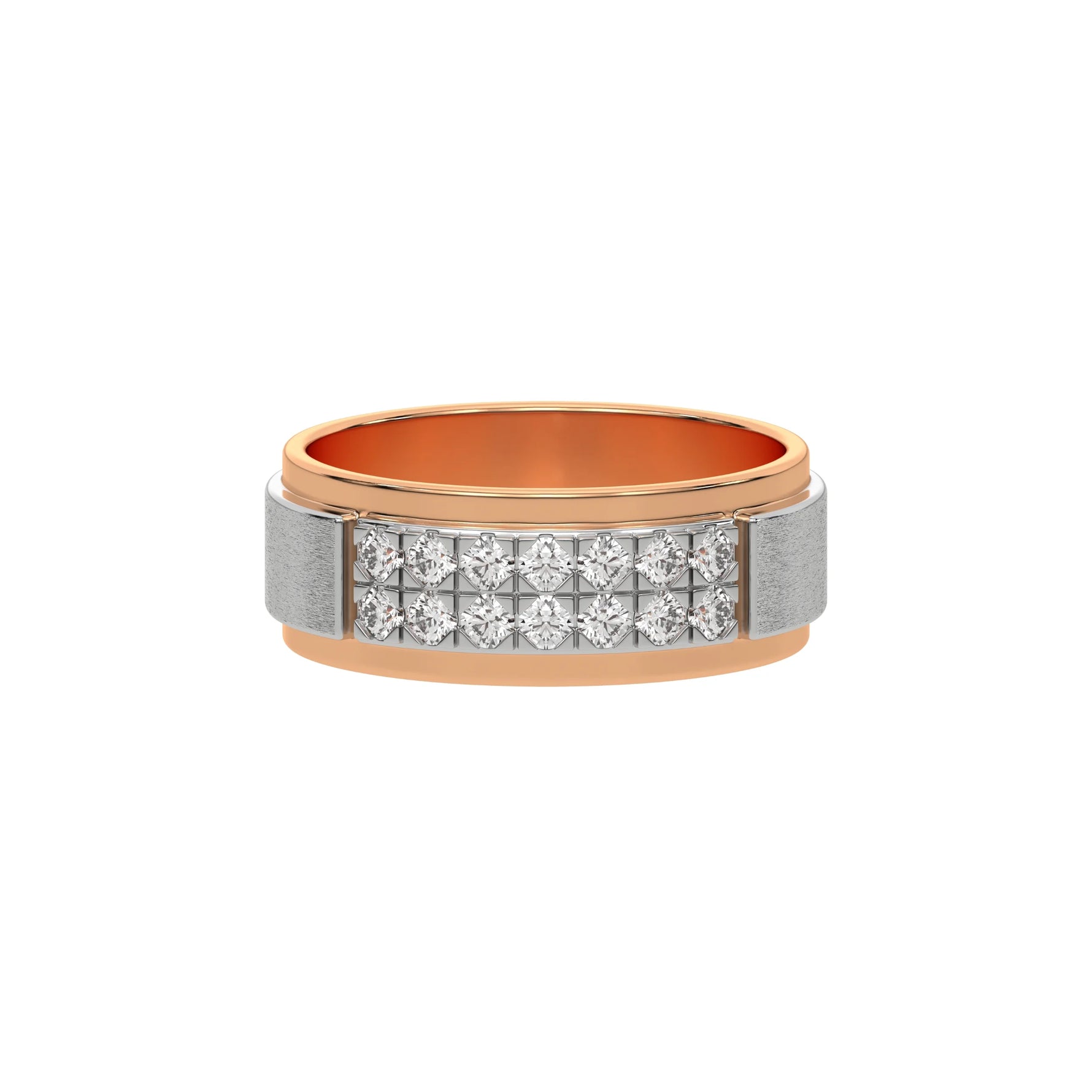 This rose and white gold two-row diamond wedding ring, featuring a two-tone diamond band adorned with round brilliant-cut diamonds elegantly set in a shared prong setting in top view