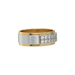 This yellow and white gold two-row diamond wedding ring, featuring a two-tone diamond band adorned with round brilliant-cut diamonds elegantly set in a shared prong setting in side view