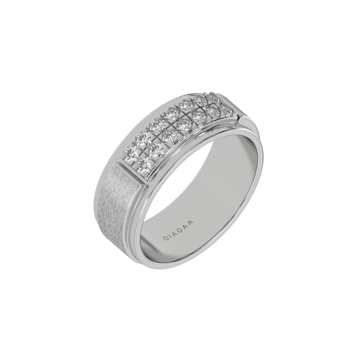 This white gold two-row diamond wedding ring, featuring a two-tone diamond band adorned with round brilliant-cut diamonds elegantly set in a shared prong setting in 3D view