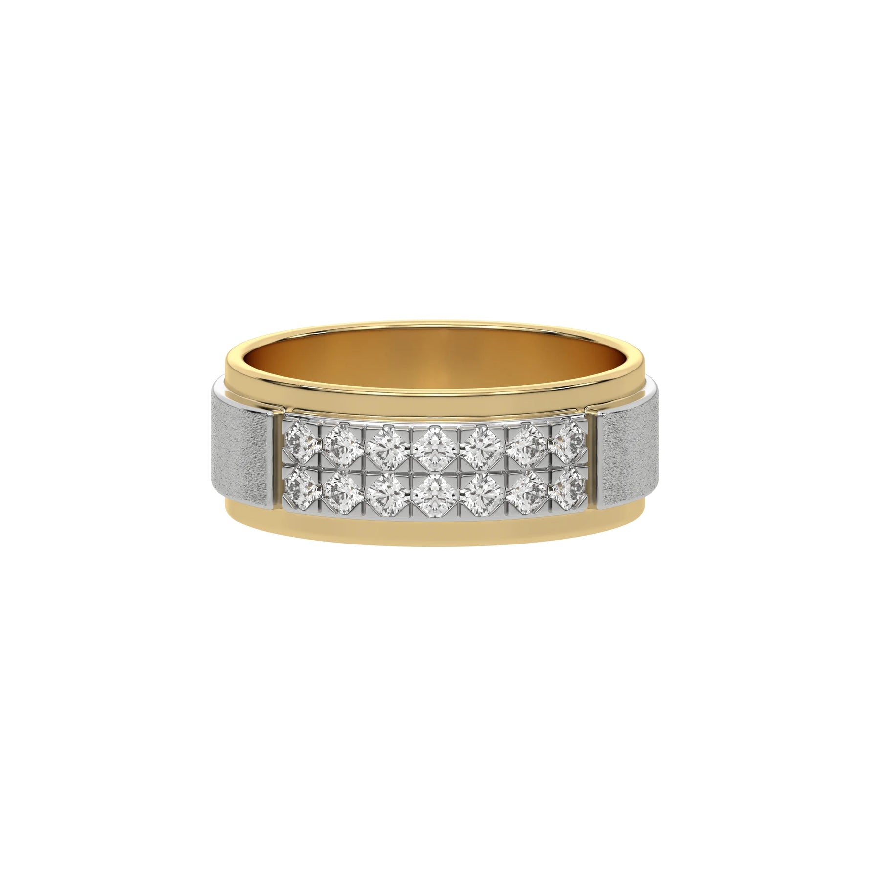 14K Yellow Gold Tow Row Mens Diamond Wedding Ring 