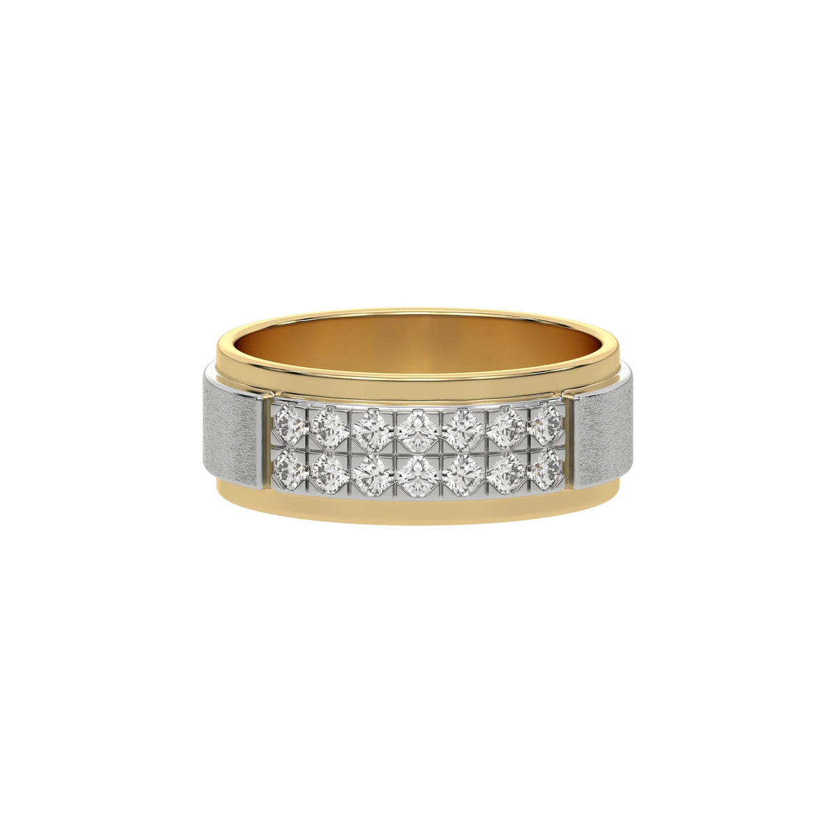 This yellow and white gold two-row diamond wedding ring, featuring a two-tone diamond band adorned with round brilliant-cut diamonds elegantly set in a shared prong setting in top view