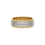 This yellow and white gold two-row diamond wedding ring, featuring a two-tone diamond band adorned with round brilliant-cut diamonds elegantly set in a shared prong setting in top view