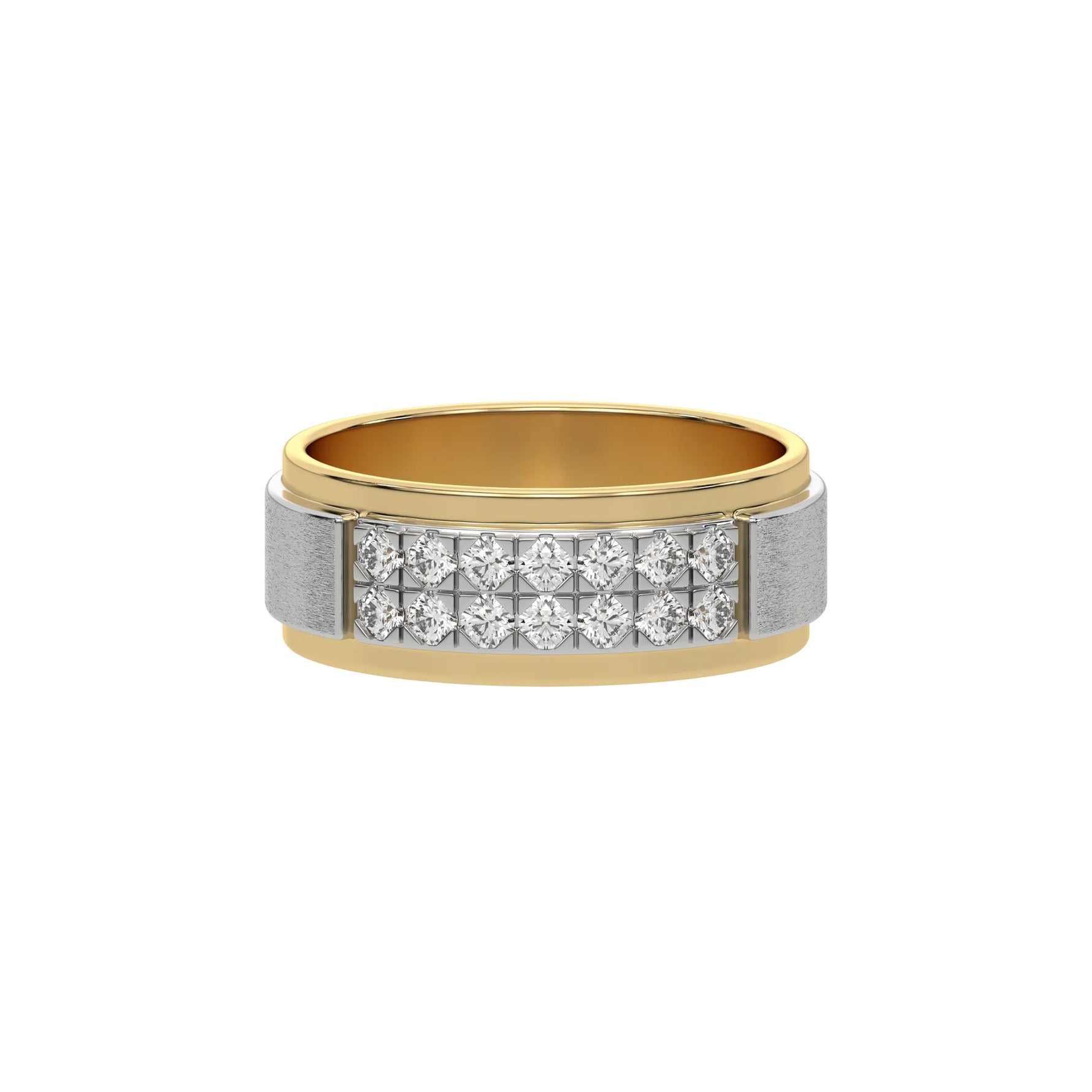 This yellow and white gold two-row diamond wedding ring, featuring a two-tone diamond band adorned with round brilliant-cut diamonds elegantly set in a shared prong setting in top view