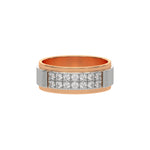 This rose and white gold two-row diamond wedding ring, featuring a two-tone diamond band adorned with round brilliant-cut diamonds elegantly set in a shared prong setting in top view