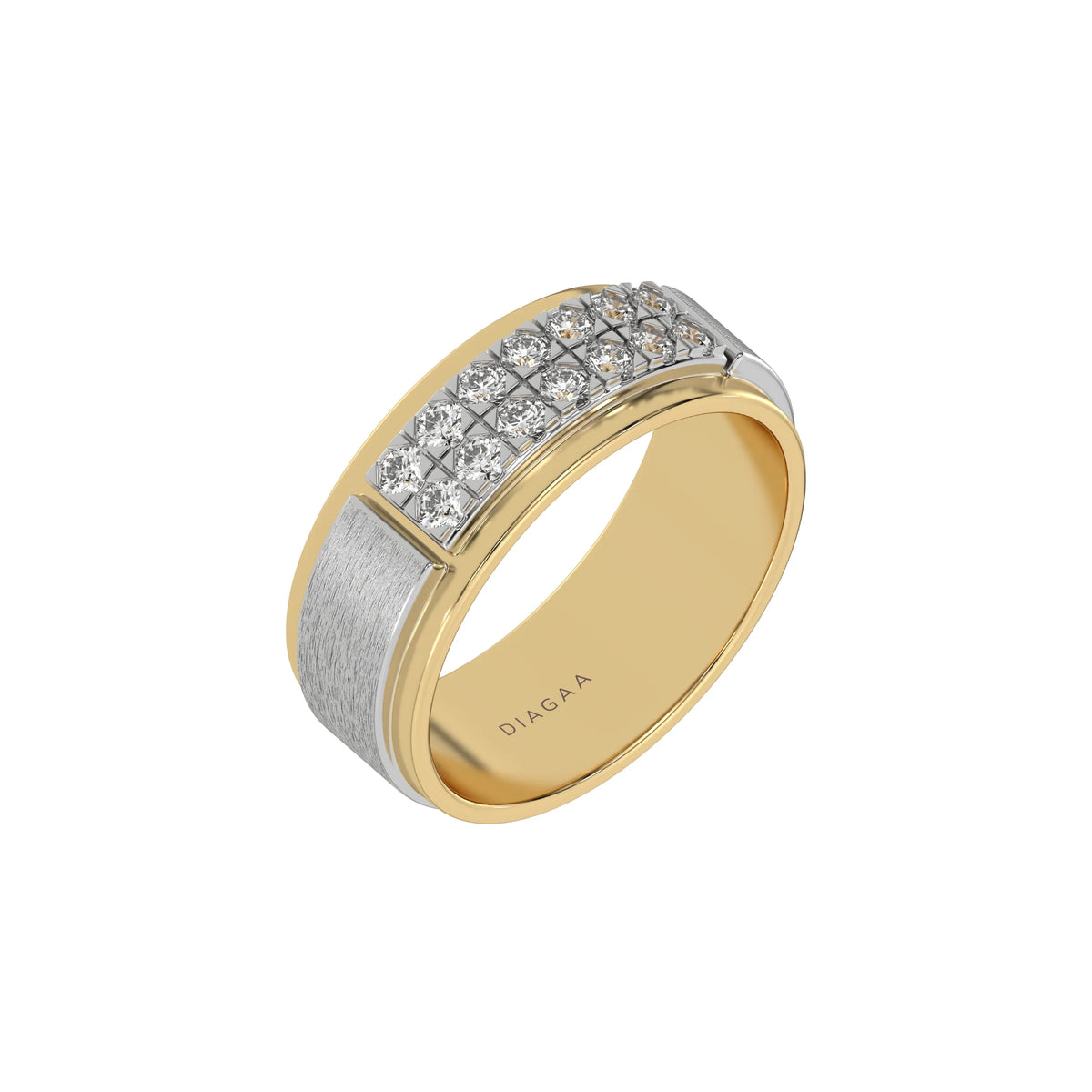 This yellow and white gold two-row diamond wedding ring, featuring a two-tone diamond band adorned with round brilliant-cut diamonds elegantly set in a shared prong setting in 3D view