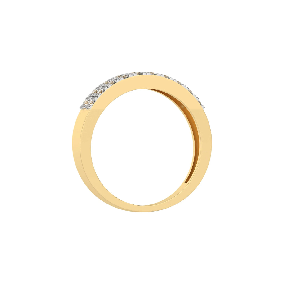 This yellow gold two-row diamond ring, featuring a solid gold band adorned with two rows of round brilliant-cut diamonds elegantly set in a secure four-prong setting in through finger view