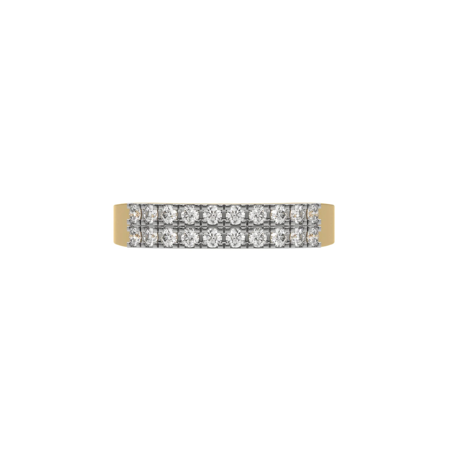 This yellow gold two-row diamond ring, featuring a solid gold band adorned with two rows of round brilliant-cut diamonds elegantly set in a secure four-prong setting in top view