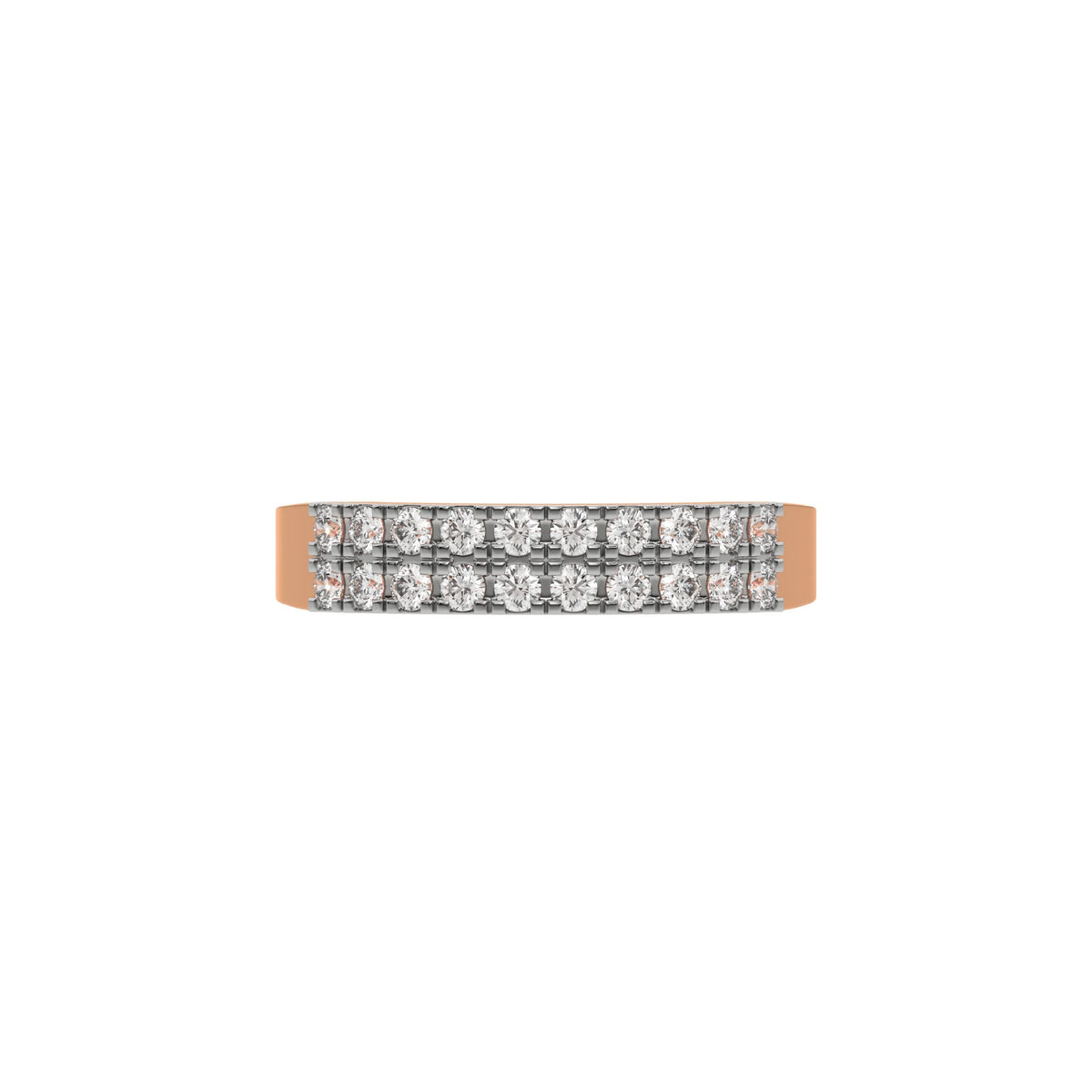 This rose gold two-row diamond ring, featuring a solid gold band adorned with two rows of round brilliant-cut diamonds elegantly set in a secure four-prong setting in top view