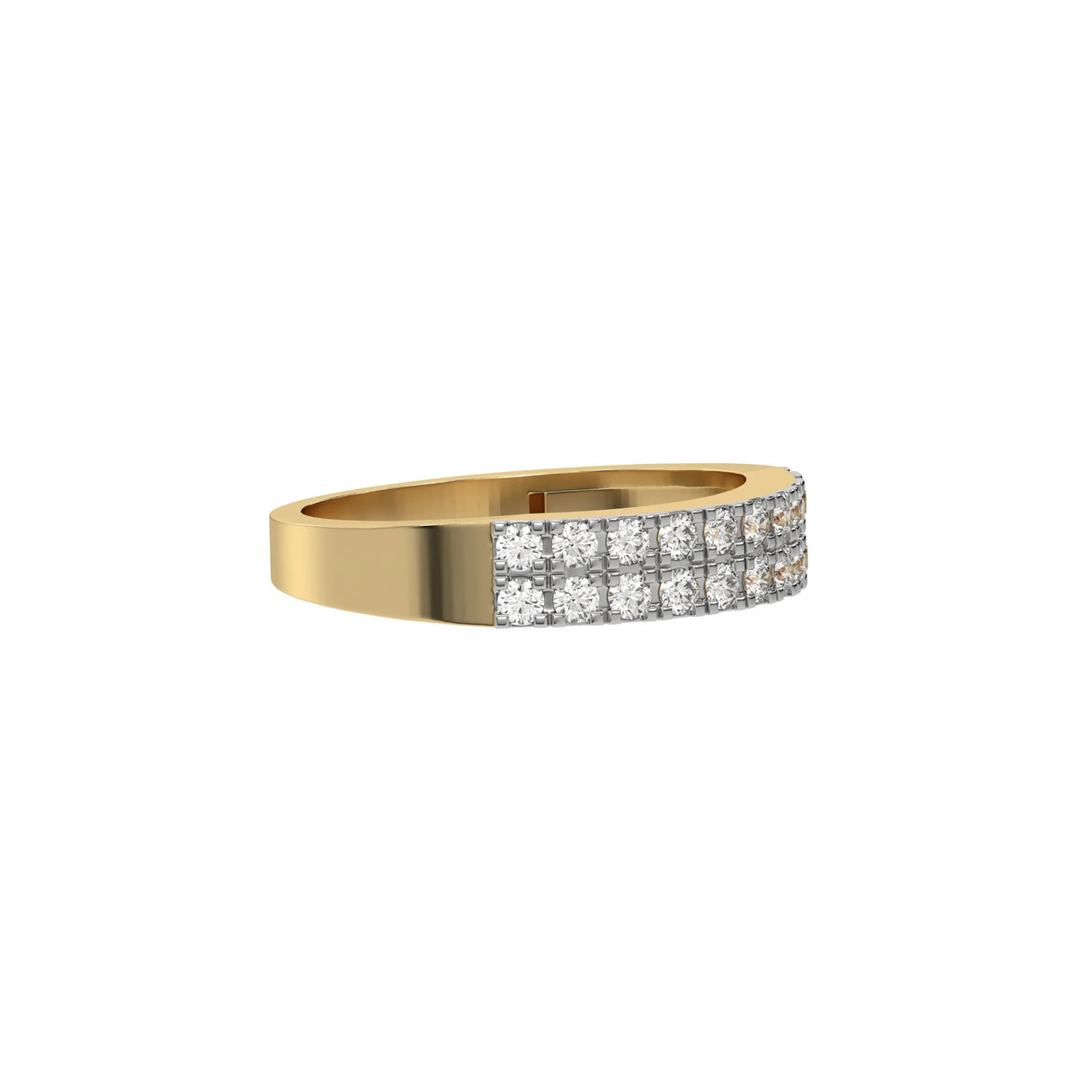 This yellow gold two-row diamond ring, featuring a solid gold band adorned with two rows of round brilliant-cut diamonds elegantly set in a secure four-prong setting in side view