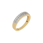 This yellow gold two-row diamond ring, featuring a solid gold band adorned with two rows of round brilliant-cut diamonds elegantly set in a secure four-prong setting in 3d view