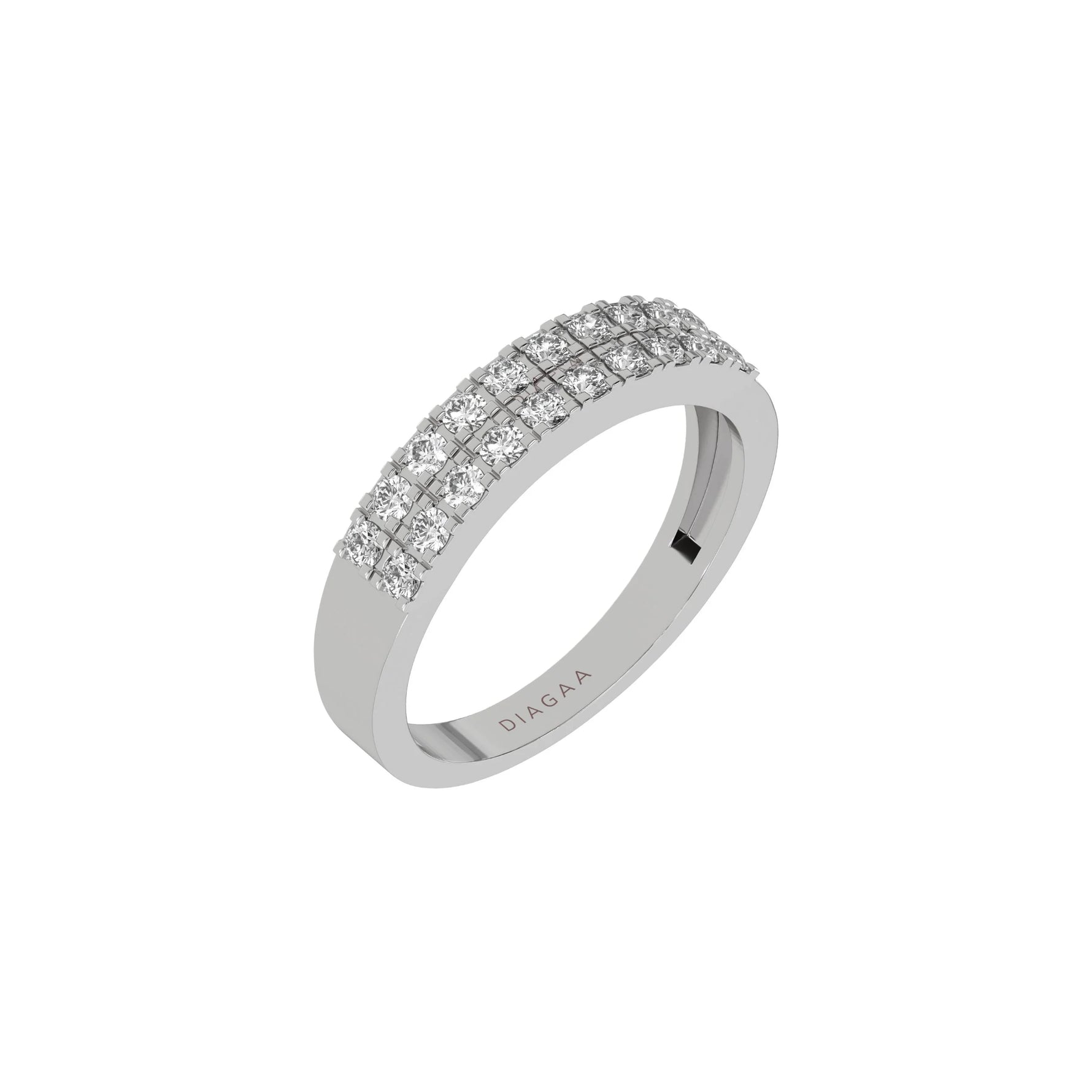 This white gold two-row diamond ring, featuring a solid gold band adorned with two rows of round brilliant-cut diamonds elegantly set in a secure four-prong setting in 3d view