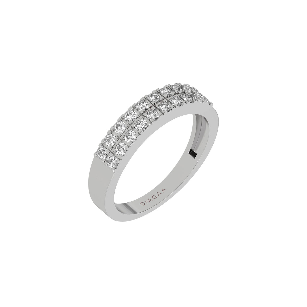 This white gold  two-row diamond ring, featuring a solid gold band adorned with two rows of round brilliant-cut diamonds elegantly set in a secure four-prong setting in 3d view