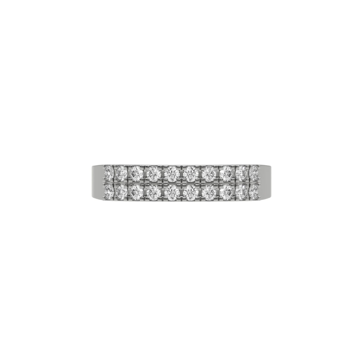 This white gold  two-row diamond ring, featuring a solid gold band adorned with two rows of round brilliant-cut diamonds elegantly set in a secure four-prong setting in top view