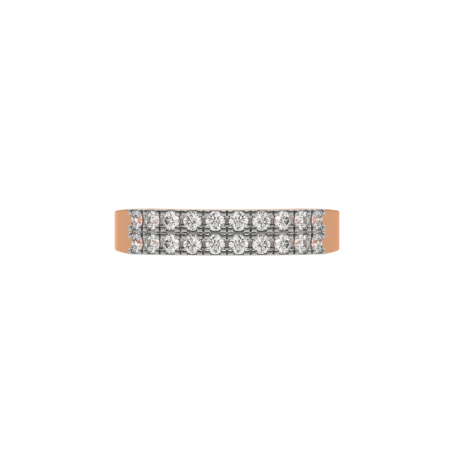 This rose gold  two-row diamond ring, featuring a solid gold band adorned with two rows of round brilliant-cut diamonds elegantly set in a secure four-prong setting in top view