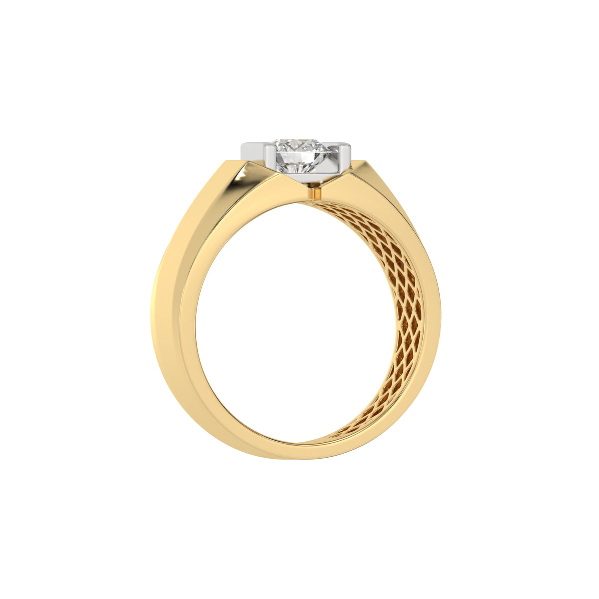 This two-tone tension set diamond solitaire ring, starring a captivating 0.70 Ct round diamond seamlessly secured in a tension setting in through finger view