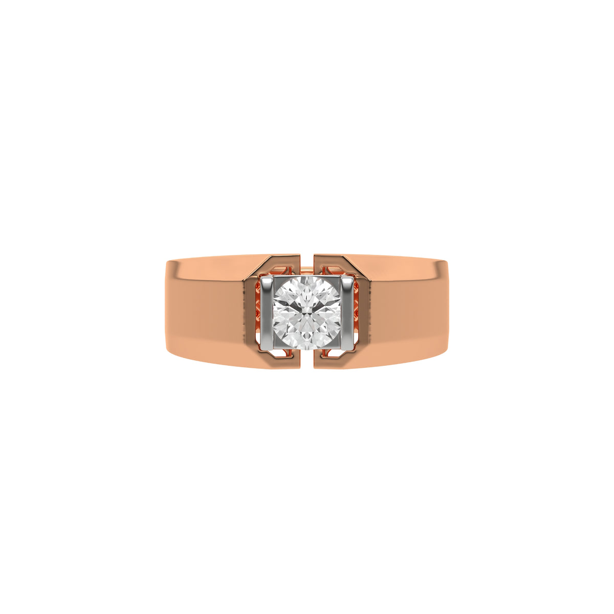 This rose gold two-tone tension set diamond solitaire ring, starring a captivating 0.70 Ct round diamond seamlessly secured in a tension setting in top view