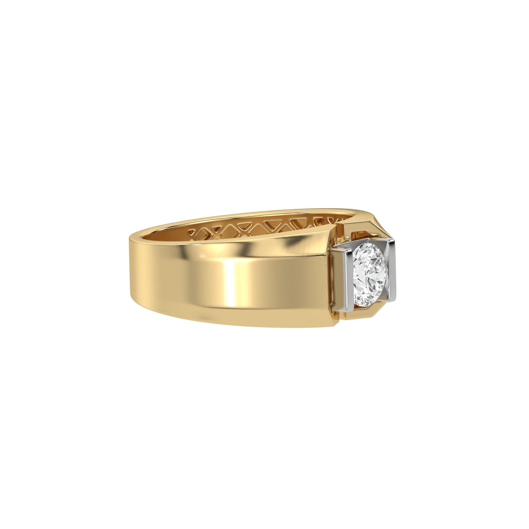 This two-tone tension set diamond solitaire ring, starring a captivating 0.70 Ct round diamond seamlessly secured in a tension setting in side view