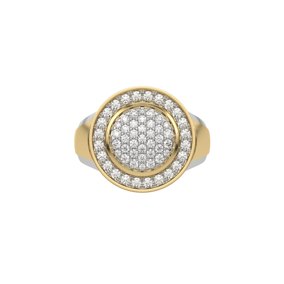 Cluster diamond signet ring made with a cluster of round brilliant cut diamonds, followed by a shining white gold metal rim. Surrounding this centerpiece is a halo of round diamonds, enclosed by another metal rim in top view