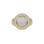 Cluster diamond signet ring made with a cluster of round brilliant cut diamonds, followed by a shining white gold metal rim. Surrounding this centerpiece is a halo of round diamonds, enclosed by another metal rim in top view