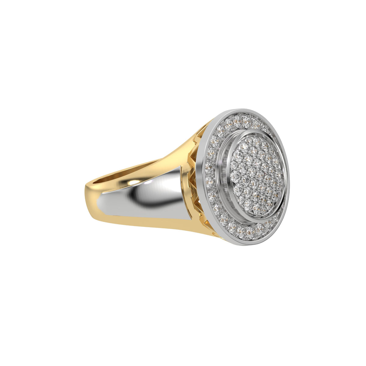 Cluster diamond signet ring made with a cluster of round brilliant cut diamonds, followed by a shining white gold metal rim. Surrounding this centerpiece is a halo of round diamonds, enclosed by another metal rim in side view