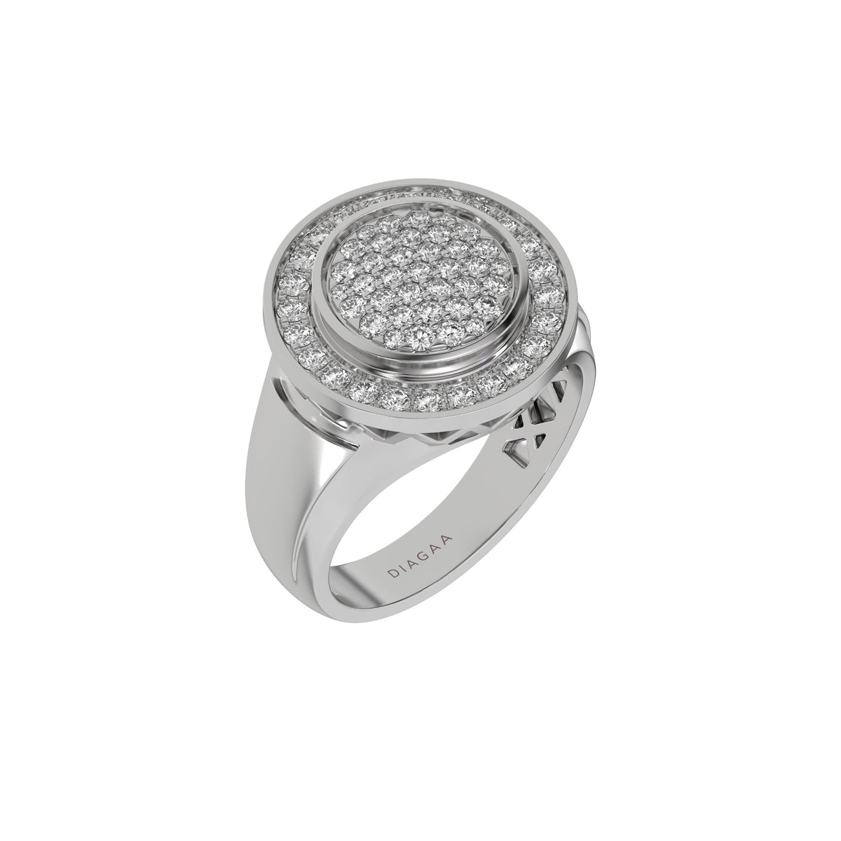 Cluster diamond signet ring made with a cluster of round brilliant cut diamonds, followed by a shining white gold metal rim. Surrounding this centerpiece is a halo of round diamonds, enclosed by another metal rim in 3d view