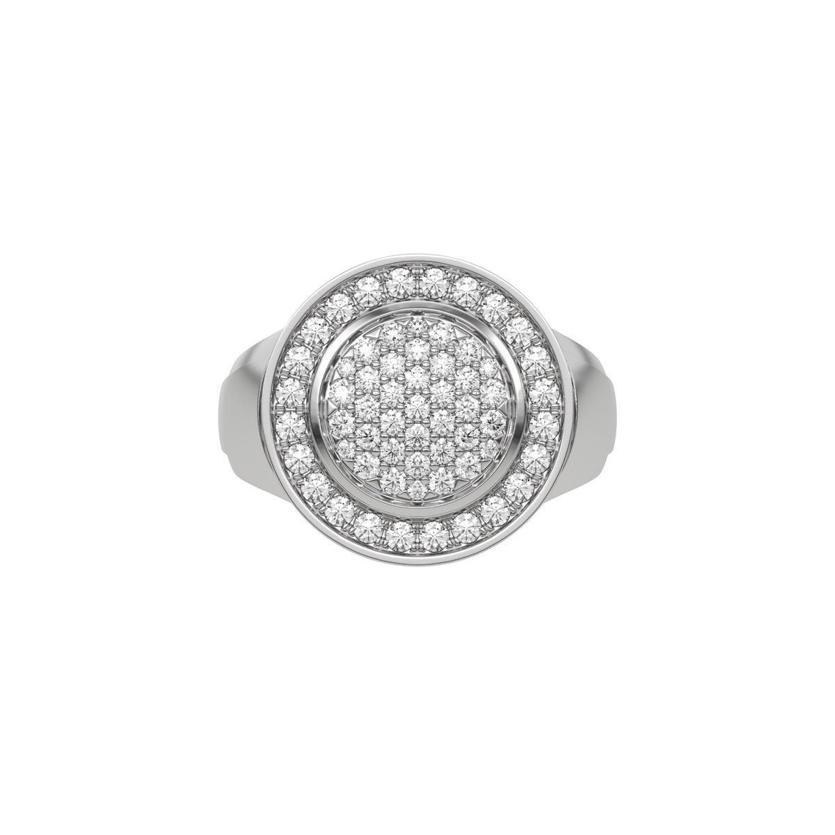 Cluster diamond signet ring made with a cluster of round brilliant cut diamonds, followed by a shining white gold metal rim. Surrounding this centerpiece is a halo of round diamonds, enclosed by another metal rim in top view