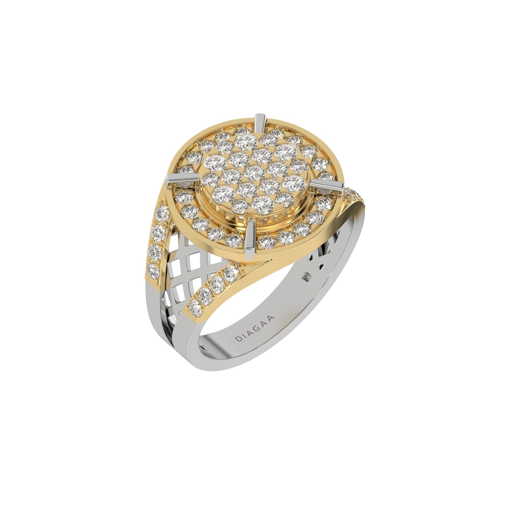 This dual-tone diamond signet ring is made from the finest solid gold and round brilliant cut diamonds. The ring is made from a cluster of round cut diamonds in the centre with a metal rim on the outside, followed by a halo of round diamond in 3d view