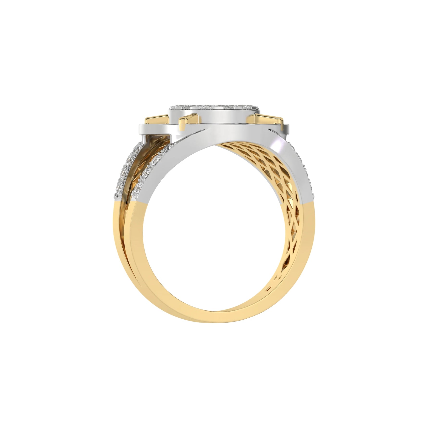 This dual-tone diamond signet ring is made from the finest solid gold and round brilliant cut diamonds. The ring is made from a cluster of round cut diamonds in the centre with a metal rim on the outside, followed by a halo of round diamond in through finger view