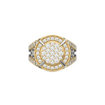 This dual-tone diamond signet ring is made from the finest solid gold and round brilliant cut diamonds. The ring is made from a cluster of round cut diamonds in the centre with a metal rim on the outside, followed by a halo of round diamond in top view