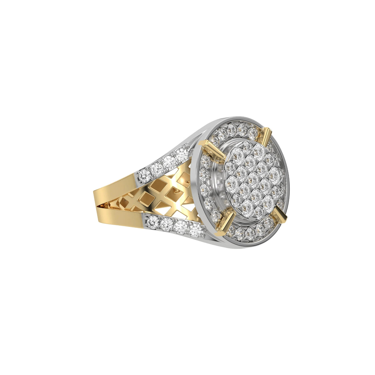 This dual-tone diamond signet ring is made from the finest solid gold and round brilliant cut diamonds. The ring is made from a cluster of round cut diamonds in the centre with a metal rim on the outside, followed by a halo of round diamond in side view