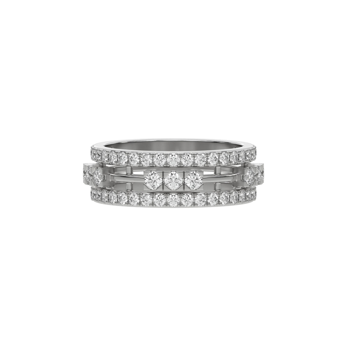 This  dual-tone diamond eternity ring, featuring approximately 1.55 carats of round brilliant-cut diamonds meticulously set in a combination of prong and flush settings in top view