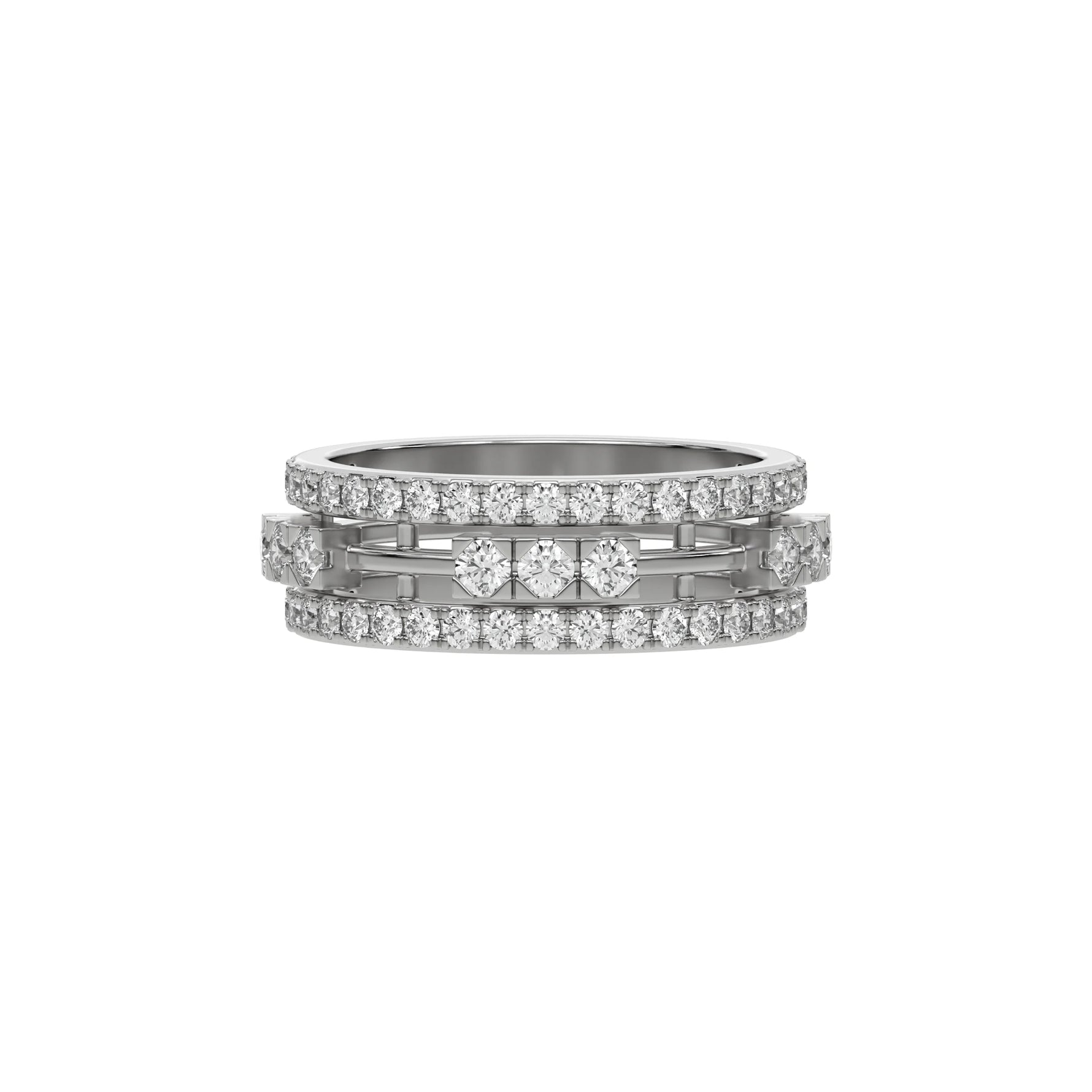 This  dual-tone diamond eternity ring, featuring approximately 1.55 carats of round brilliant-cut diamonds meticulously set in a combination of prong and flush settings in top view