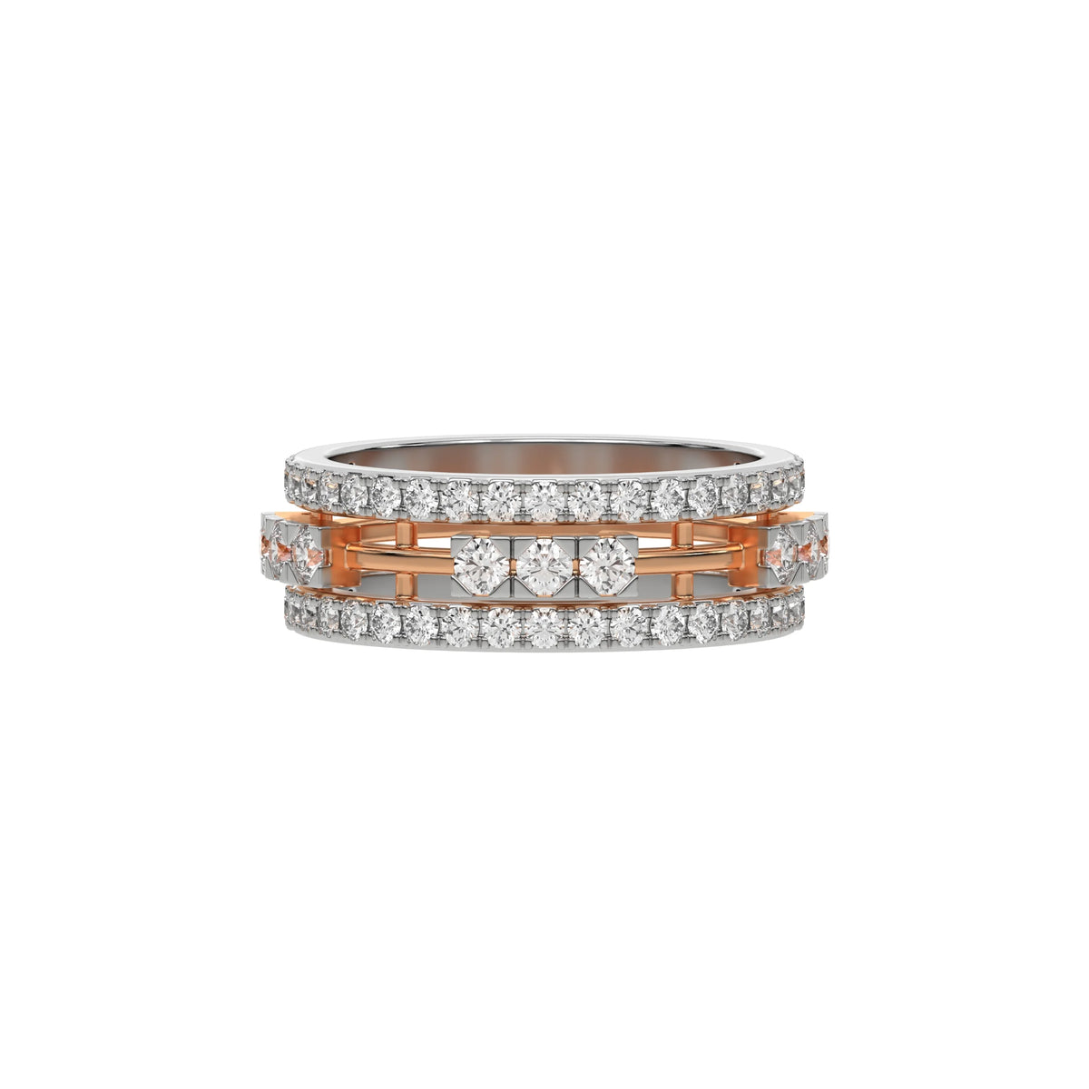 This  dual-tone diamond eternity ring, featuring approximately 1.55 carats of round brilliant-cut diamonds meticulously set in a combination of prong and flush settings in top view