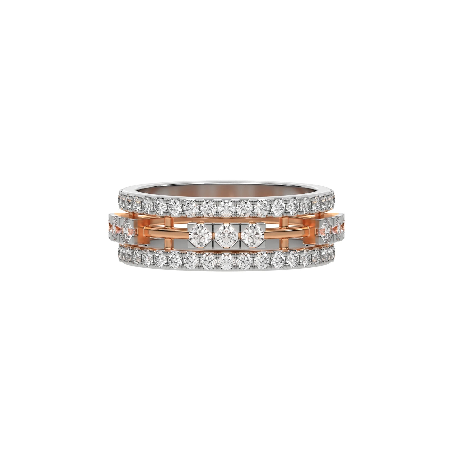 This  dual-tone diamond eternity ring, featuring approximately 1.55 carats of round brilliant-cut diamonds meticulously set in a combination of prong and flush settings in top view