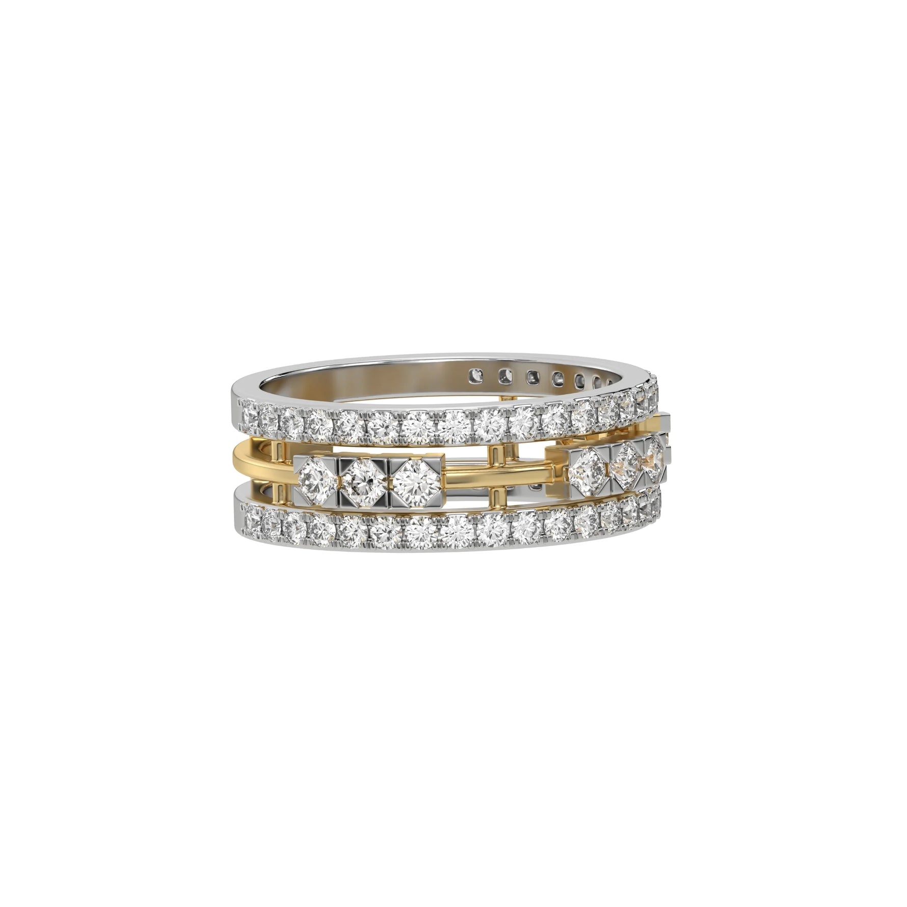 This  dual-tone diamond eternity ring, featuring approximately 1.55 carats of round brilliant-cut diamonds meticulously set in a combination of prong and flush settings in side view