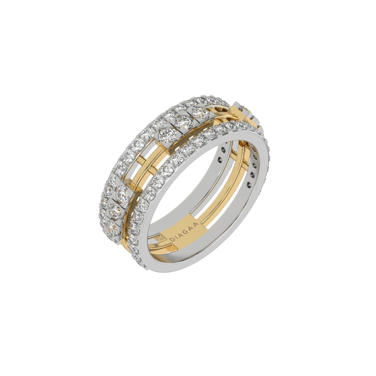 This  dual-tone diamond eternity ring, featuring approximately 1.55 carats of round brilliant-cut diamonds meticulously set in a combination of prong and flush settings in 3d view