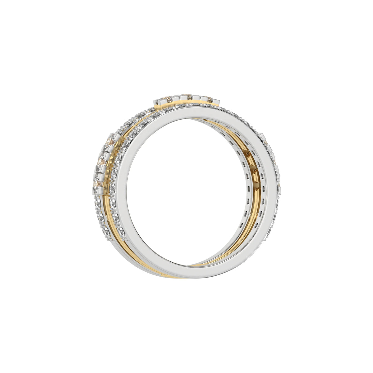 This  dual-tone diamond eternity ring, featuring approximately 1.55 carats of round brilliant-cut diamonds meticulously set in a combination of prong and flush settings in through finger view