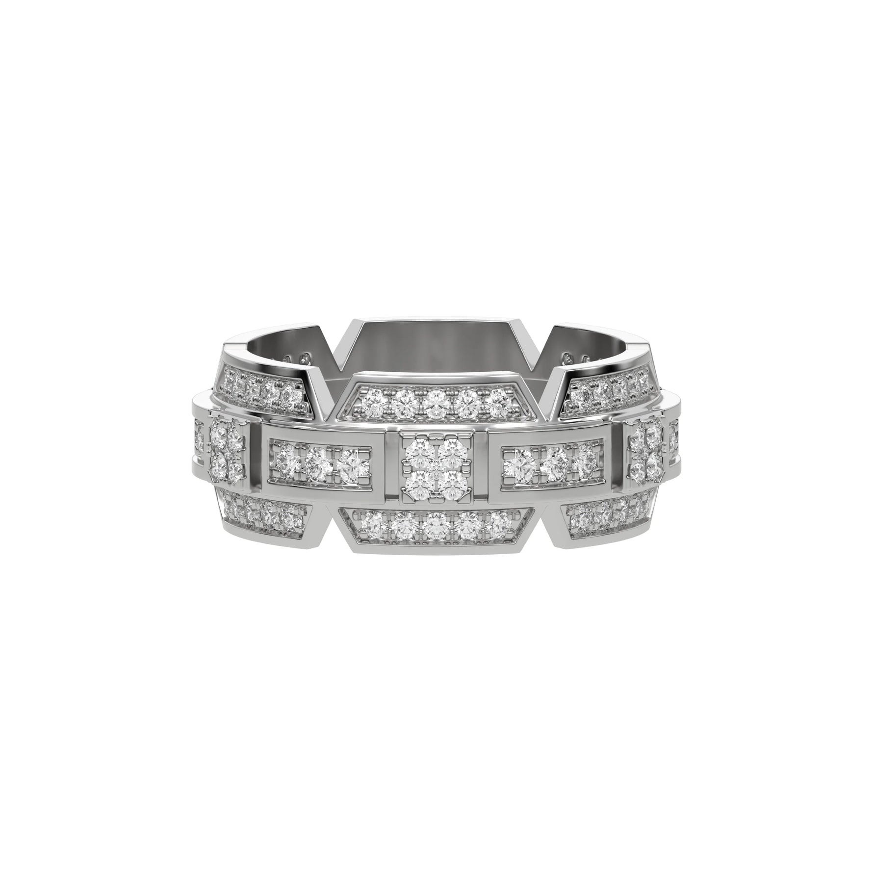 This two tone diamond ring is made with 87 round brilliant cut diamonds, totaling approximately 1.10 carats, all set to perfection  in top view