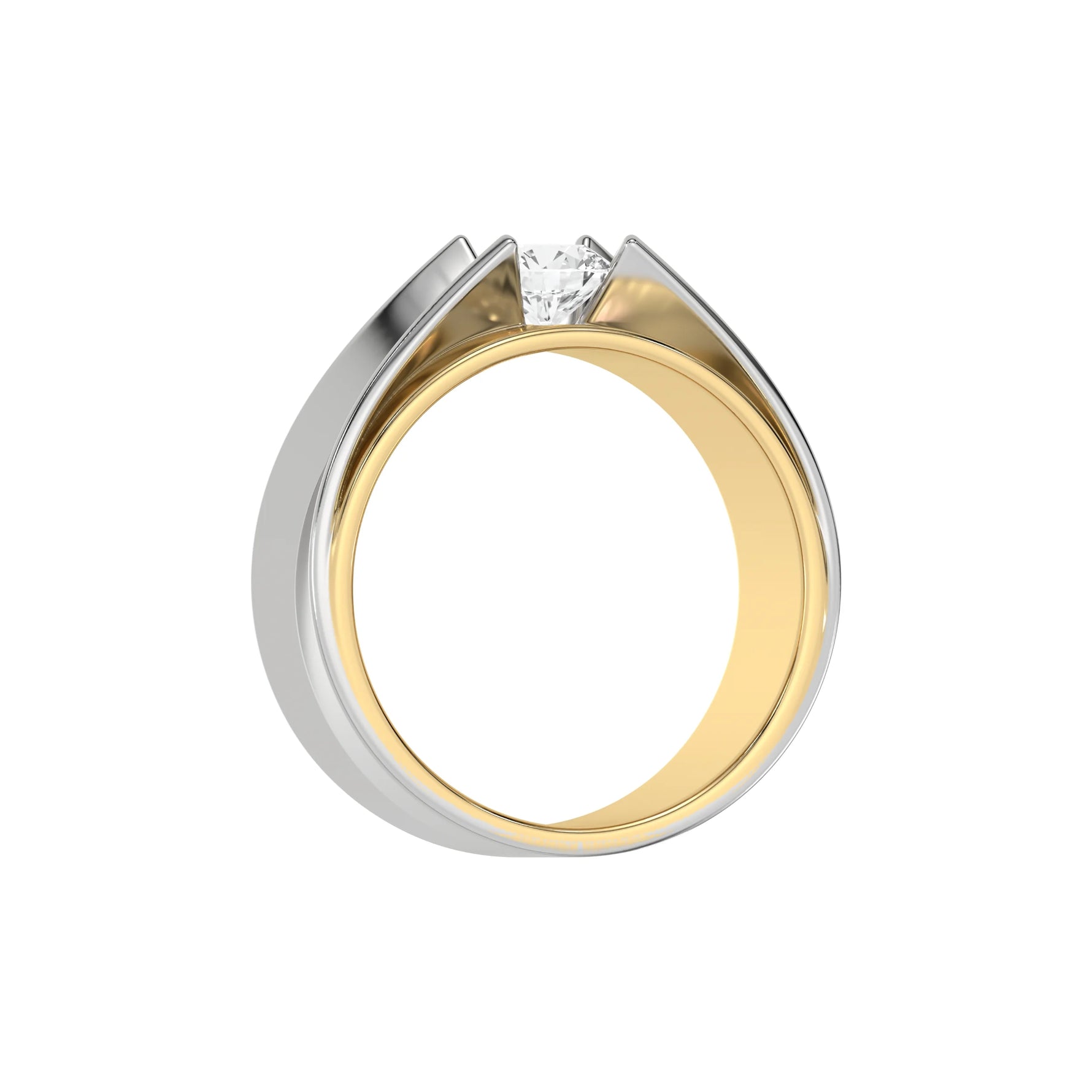 This yellow and white gold diamond solitaire ring, boasting a two-tone gold design and adorned with a round brilliant-cut diamond delicately set in a tension setting in through finger view