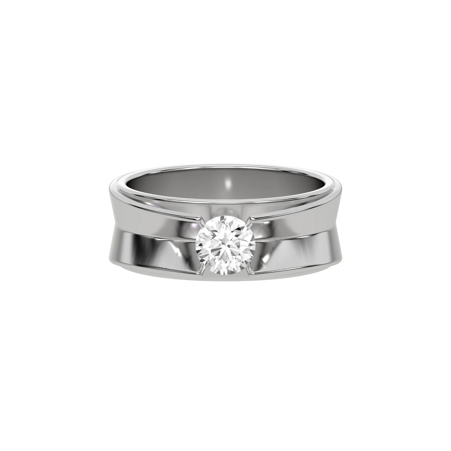 This white gold diamond solitaire ring, boasting a two-tone gold design and adorned with a round brilliant-cut diamond delicately set in a tension setting in top view